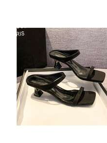 女士方头系带小猫跟凉鞋，豹纹仙女风格，夏季面料鞋面户外高跟凉鞋 - 黑色 - 查看 6