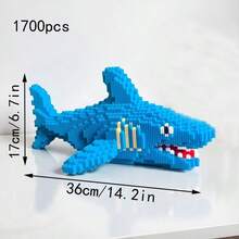 1700pcs New Shark Building Blocks Set, Large Blue Shark Puzzle Decor, Hands-On Assembly Toy Decor, Holiday Gift, Office Decor, Creative Building Block Animal Model Fish, Detailed Collectible 3D Stereoscopic Model, Suitable For Home Decor, Birthday/Christmas/Halloween/Holiday Gift - Blue - View 8
