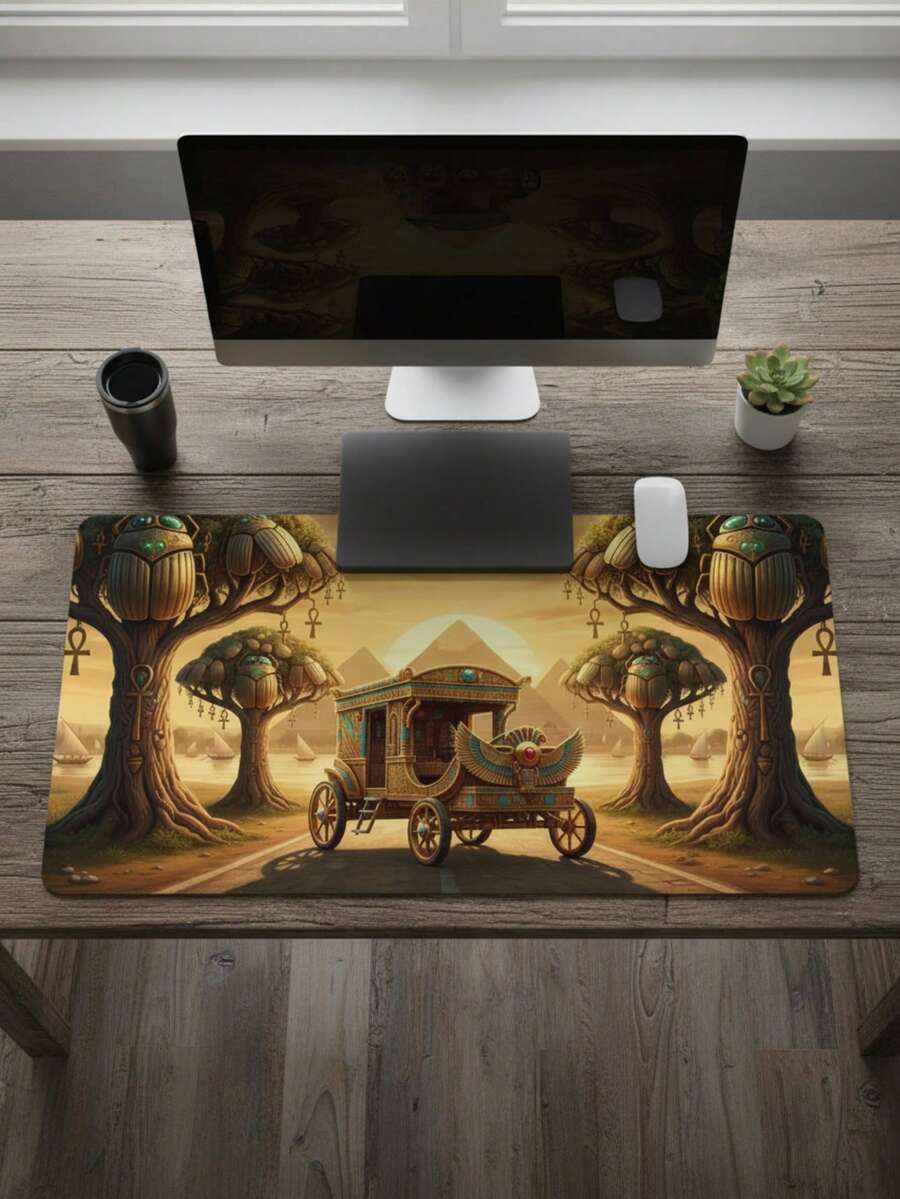 Extra Large Gaming Desk Mat And Mouse Pad - Ancient Egyptian Scarab Chariot & Pyramid Design, Golden Vintage Embossed Texture, Non-Slip Rubber Base, Smooth Surface, Also Suitable As Keyboard Pad, Desk Mat Or Book Stand, For Gamers, Office And Dorm Use, Computer, Office And Gaming Environment, Gift For Gamers, Compatible With Mouse And Trackball - View 1