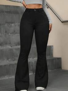 Women's Flare Jeans, High Waist, Butt-Lifting Design, Simple, Elegant, Casual Jeans, Zipper, Pockets, Button, Flare Pants - 黑色 - 查看 4