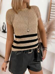 女士春夏针织金线镂空圆领短袖条纹套头衫 - 卡其色 - 查看 4