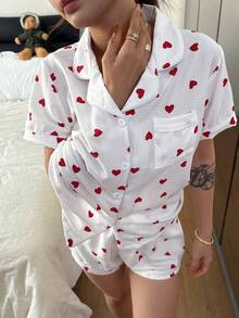 Dreamivo 女士爱心印花夏季睡衣套装（2件套），短袖纽扣衬衫和短裤，休闲家居服 - 紅色 - 查看 6