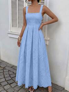Womens Sleeveless Maxi Summer Dresses 2026 Hollow Out Eyelet Square Neck Ruffle Flowy Beach Vacation Sundress - Màu xanh nhạt - Xem 3