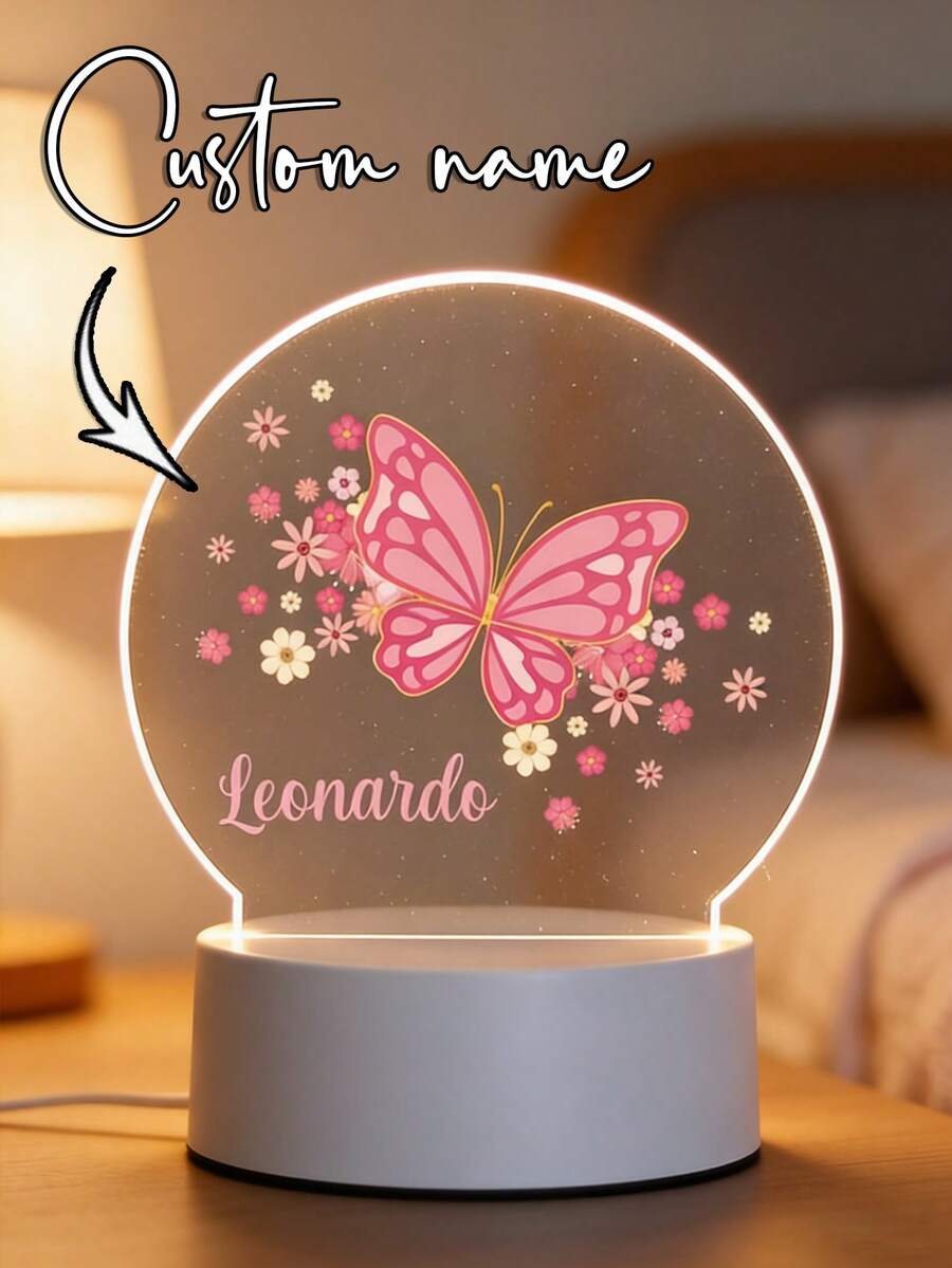 1pc Customized Name Creative Gift, Pink Butterfly & Floral 3D Illusion LED Night Light, Warm Light Birthday Gift, Decoration For Anniversary, Valentine's Day, Mother's Day, Children's Day, Birthday, Father's Day, Graduation, Wedding, Housewarming, Home, Office, Dining Room, Living Room, Bedroom, Tea Room, Valentine's Day Decor, Slow Life, Customized Craft, Retro, Holiday Calendar,Home Decor Living Room , Industrial