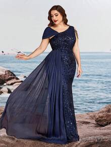 BluePlum Elastic Plus Size Elegant Sequin Embroidery Patchwork Asymmetric Neck Tassel Ruffle Beaded Mermaid Maxi Vintage Formal Gown For Cocktail Wedding Fall - Navy Blue - View 3