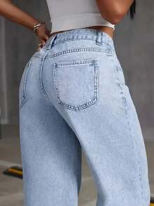 PETITE New Women's Starry Rhinestone Decor Wide Leg Jeans, Fashion Design Casual Versatile Pants - Medium Wash - View 4