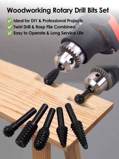 5Pcs Rotary Drill Bits Set - Twist Drill Bits & Wood Carving Rasp File With Hexagonal Black Grinding Head, Rotary Tool Set For DIY Woodworking, Carving, Polishing & Professional Grinding Projects