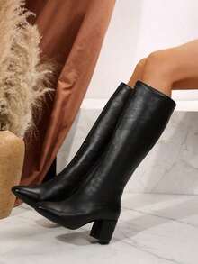 Sleek Knee-High Block Heel Boots - Side Zip Design For Elevated Casual & Night Out Styling (Timeless Elegance Meets All-Day Comfort) - Black - View 3