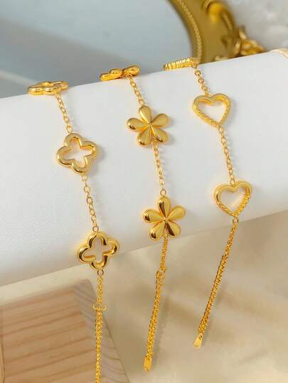 3pcs/1pc Fashion Gold Tone Heart & Clover & Five-Petal Flower Chain Bracelet For Women, Minimalist Stackable Jewelry, Perfect For Daily Wear & Dating