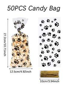 50pcs Plastic Paw Print Gift Bags With Twist Tie, Pet Treats Candy Bags, Portable Pet Bags, Puppy Paw Print Pattern Gift Packaging Bags, Pet Decoration, Baby Shower Party Decoration, Gender Reveal Party Decoration, Puppy Birthday Party Decoration, Dog Paw Print Gift Packaging Bags, Puppy Paw Print Cookie Baking Bags, Plastic Bags, Shopping Bags, Pet Theme Party Supplies, Holiday Party Supplies, Party Favors - Black and White - View 4