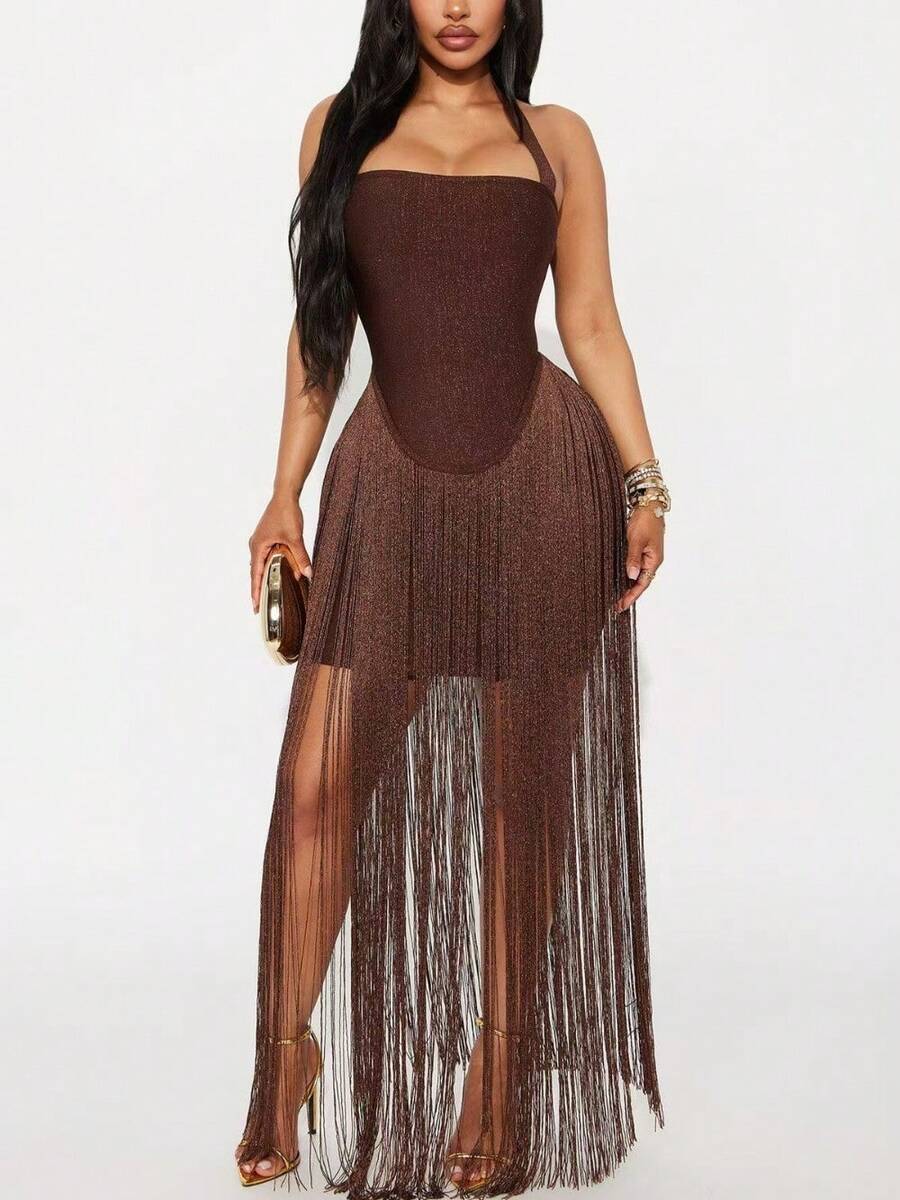 Mingyan Temperament, Elegant Atmosphere, Party Fashion, Women's Clothing, Sexy Strapless, Neck Hanging, Tassel Wrapped, Long Skirt, Dress - 咖啡 - 查看 1