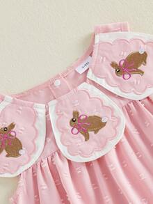 Baby Girls Rompers Easter Clothes Bunny Embroidered Crew Neck Sleeveless Infant Bodysuits Jumpsuits - Rosa - Ver 3