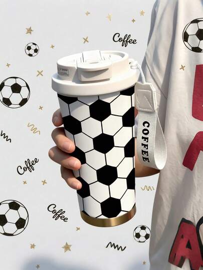 1个18盎司不锈钢足球印花便携旅行杯，真空隔热可重复使用咖啡杯，保温/保冷，适用于车载杯架，防漏盖，运动风格水杯，适合办公室、健身房、户外、日常使用，男女通用礼品
