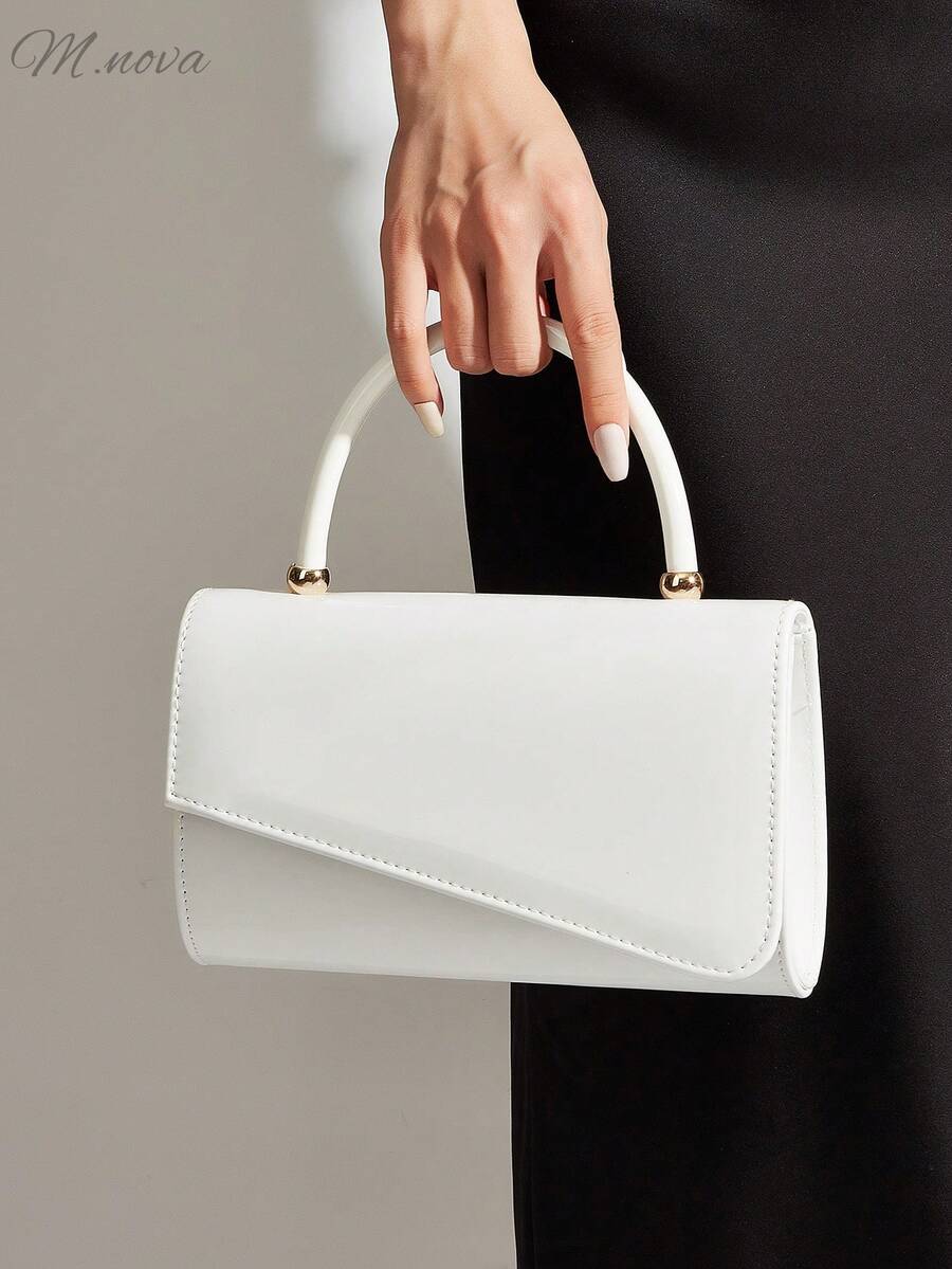 Women's Fashion Solid Color Patent Leather Clutch Bag, Decorated With Metal Accents, Flap Design, PU Material, Chain Shoulder Strap, Suitable For Formal/Party Occasions Like Gala, Ball Or Prom - White - View 1