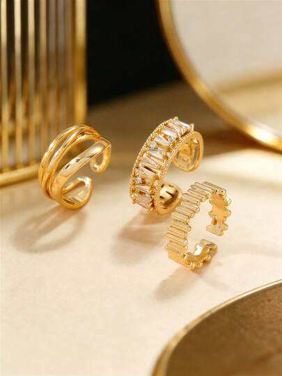 Bộ 3 chiếc nhẫn thời trang, sang trọng, thanh lịch, đa năng, thiết kế hình học, đính đá Cubic Zirconia dành cho nữ, kiểu nhẫn hở có thể điều chỉnh kích thước, phù hợp để đeo chồng lên nhau, đeo ngón tay, dự tiệc, hàng ngày và đi nghỉ mát.