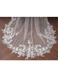 1 pieza Velo de novia con perlas, decoración floral de encaje y lentejuelas, longitud de catedral, incluye peine, adecuado para novia en blanco e marfil - Multicolor - Ver 9