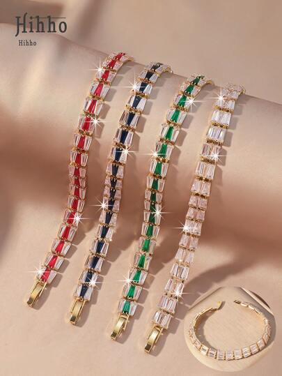 Hihho 1pc Elegant Sparkling Tennis Bracelet, Square & Trapezoid Chain Design, Zirconia Embedded Friendship Bracelet, Suitable For Girls, Gift For Holiday, Wedding, Engagement, Anniversary Party