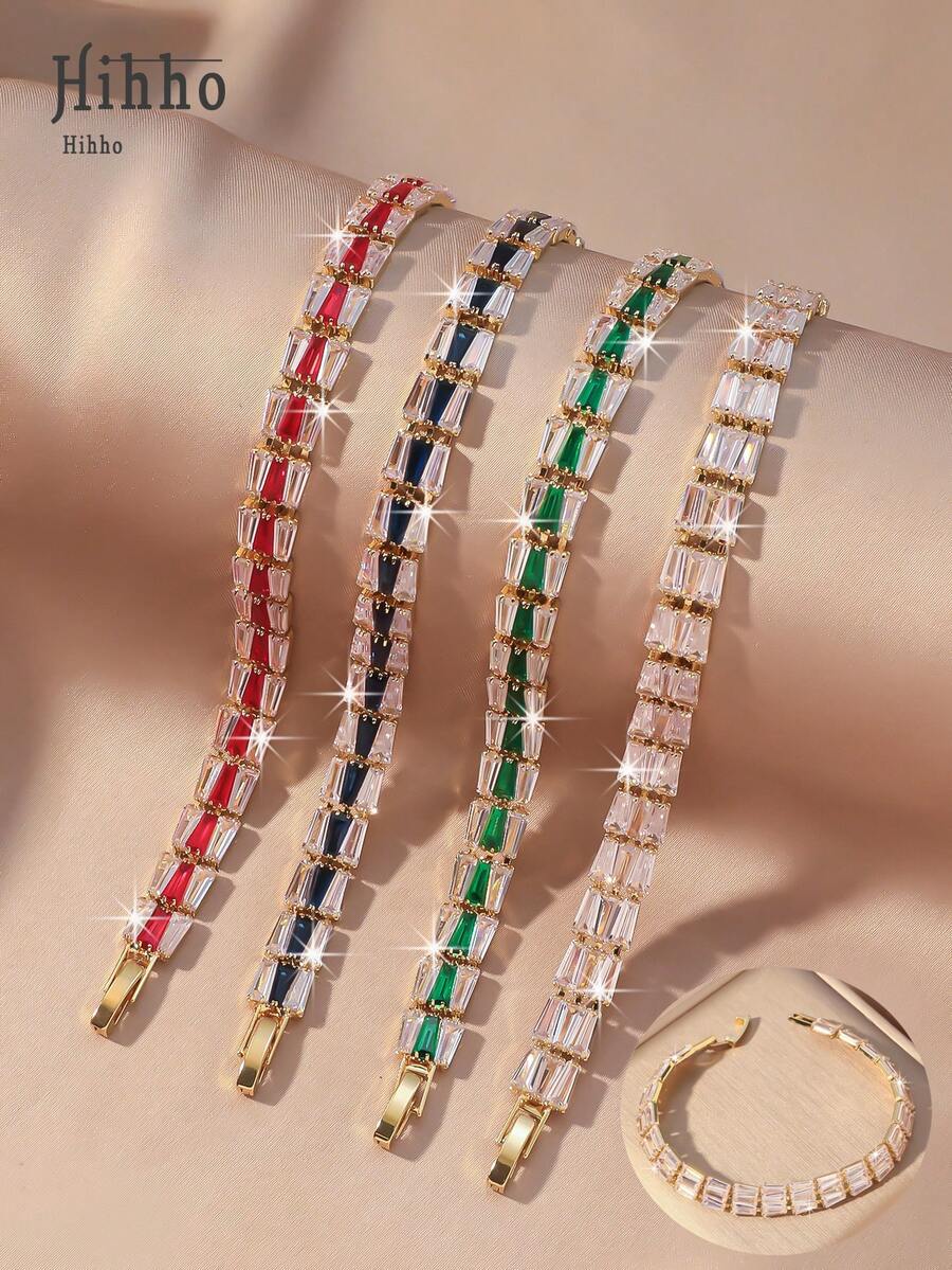 Hihho 1 pieza Elegante pulsera de tenis con brillo, diseño de cadena cuadrada y trapezoidal, pulsera de con circonita incrustada, adecuada para niñas, regalo para vacaciones, boda, compromiso, fiesta de aniversario - Pulsera de tenis - Ver 1