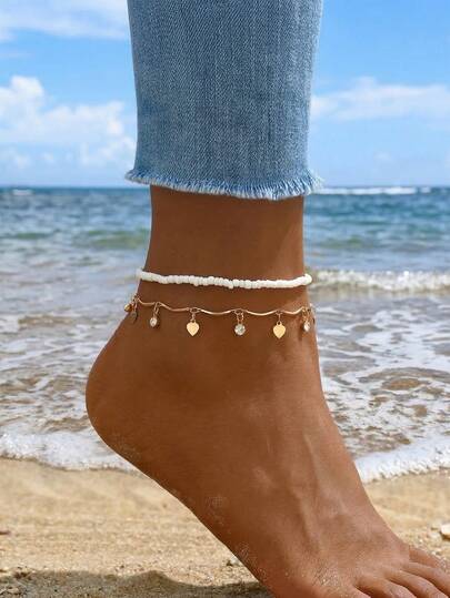 2pcs/Set Boho White Seed Bead & Gold Heart Glass Water Droplets Charm Anklet For Women, Summer Beach Layered Foot Jewelry Accessory