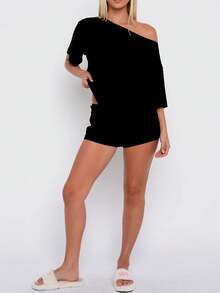 Women Summer Pajama Set Solid Color Off Shoulder Short Sleeve Tops And Mini Shorts 2 Piece Lounge Outfit - Black - View 5