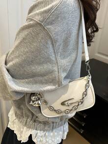 TAYA Grunge Punk Fashionable Women's Square Crossbody Bag, PU Material, Metal Star Decor, Chain Strap, Ball Decor, Y2K Metallic Vibe, Suitable For Daily Use, Work Commute, Gift For Friends, Holiday, Ladies Shoulder Bag - White - View 3