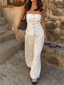 PoPoHouse Women's Elegant Two Pieces Set Sexy Backless Strapless Button Down Top & Loose Wide-Leg Pants Daily Casual Office Commute Summer Beach Vacation Going Out Outfit White Set - White - View 4