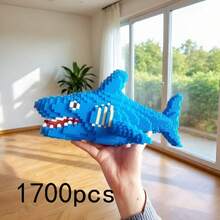 1700pcs New Shark Building Blocks Set, Large Blue Shark Puzzle Decor, Hands-On Assembly Toy Decor, Holiday Gift, Office Decor, Creative Building Block Animal Model Fish, Detailed Collectible 3D Stereoscopic Model, Suitable For Home Decor, Birthday/Christmas/Halloween/Holiday Gift - Blue - View 3