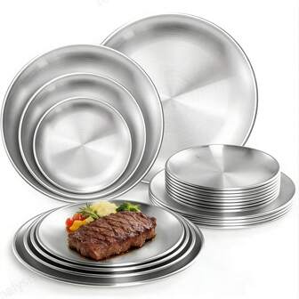 5-częściowy zestaw ze stali nierdzewnej do deserów i kawy, zestaw srebrnych talerzy obiadowych, koreański talerz do barbecue, talerz do grillowania, taca na owoce i przekąski, talerz bufetowy, talerz do jedzenia w stylu zachodnim, talerz do pizzy, dekoracyjna taca - wytrzymała i trwała, łatwa do czyszczenia, taca kuchenna, przybory kuchenne, akcesoria kuchenne, odpowiednia na okazje takie jak dom, restauracja, plener, kemping, piknik, przekąski i imprezy grillowe, festiwale itp.