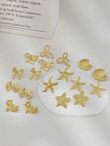 3/6 Pairs Gold-Tone Women's Earrings (Random Style) - Includes: Starfish Earrings, Cute Bow Earrings, Asymmetrical Geometric Earrings, Minimalist Round Earrings, Large Rectangle Earrings, Oval Earrings - These Fashionable & Unique Ladies Earrings Are Made Of Stainless Steel - Gold - View 5