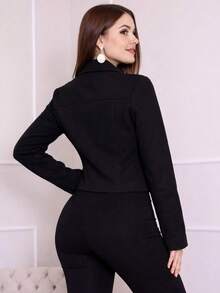 Women's Wool Coat With Fitted Waist And Gold Buttons - Elegant And Warm Short Jacket - Black - View 3