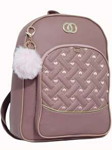 Women's Backpack, Small Bag With A Cool And Delicate Print + Pompom Keychain. - Rusty Rose - View 1