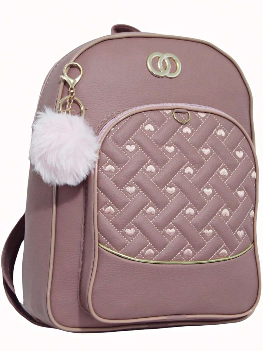 Women's Backpack, Small Bag With A Cool And Delicate Print + Pompom Keychain. - Rusty Rose - View 1