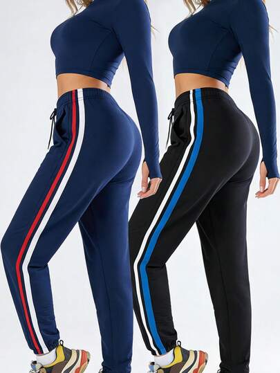 2条装女士运动裤，女士健身裤，时尚休闲运动裤，适合春、夏、秋季穿着，学院风侧条纹设计，抽绳腰带，通勤、休闲、运动等多种场合皆宜。