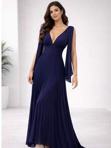 Women's Long Pleated Dress For Bridesmaids And Graduations - Navy Blue - View 1