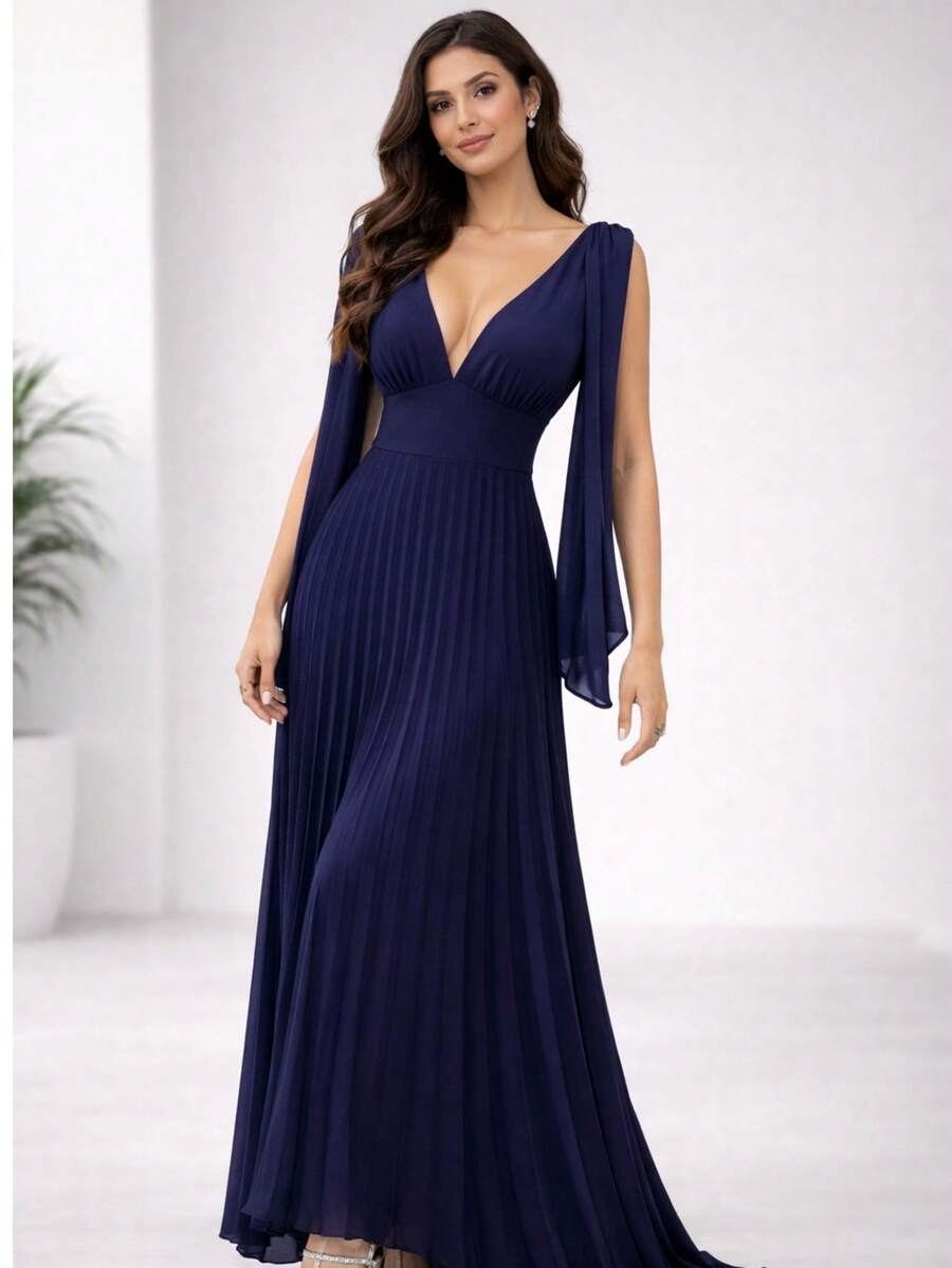 Women's Long Pleated Dress For Bridesmaids And Graduations - Navy Blue - View 1