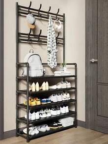 4-Tier/5-Tier Independent Metal Shoe Rack (Shoe Rack Material: Non-Woven Fabric), Can Be Used As Hat Rack, Multi-Function Outdoor Storage Rack, Independent Wardrobe Hanging Rack, Multi-Layer Indoor Shoe Rack, Equipped With 8 Stainless Steel Dual Hooks Shoe & Hat Combination Rack, 3-In-1 Space-Saving Storage Rack, Suitable For Bedroom, Living Room, Behind The Door, Corridor, Can Be Used As Hat Rack, Shoe Rack, Portable Wardrobe, Luggage Storage Rack. - Multicolor - View 6