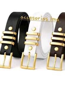 Set Of 3 Women's Belts With Square Buckle, Plus Size - negro, blanco, marrón - Ver 4