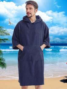 1pc Navy Blue Hooded Surf Poncho Towel, Quick Dry Beach Towel, Extra Large Adult Changing Robe With Pocket - Navy Blue - View 1