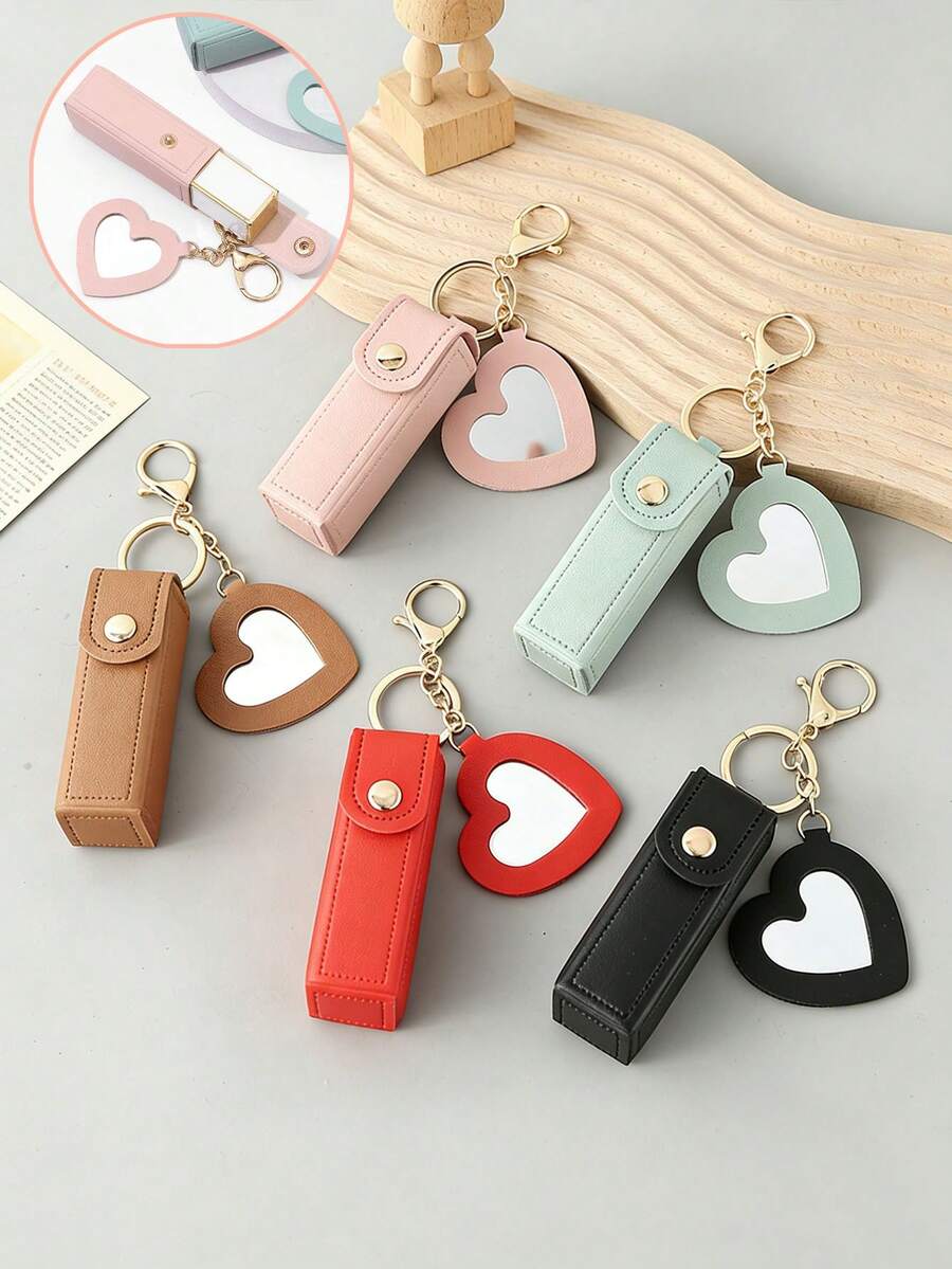 1pc Solid Color PU Leather Lipstick Holder (With Heart-Shaped Mirror) - Women's Makeup Keychain. Back To School Lipstick Holder With Heart-Shaped Mirror, Multiple Colors Available, Women's Makeup Bag, Heart-Shaped Bag Charm Fashion Keychain Pendant, Wallet, Handbag, Bag Accessory. Suitable For Parties, Weddings And Dances. Make Up Bag - White - View 1