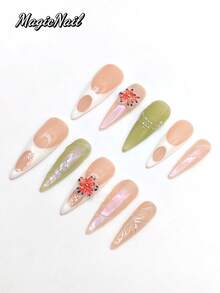 10 bucăți de unghii purtabile, presate manual, unghie în formă de migdală de 45 mm lungime, unghie transparentă roz-carne, unghie transparentă verde, flori albe în relief tridimensionale, linii aurii rotunde albe cu perle artificiale. Unghii prinse prin presare - Multicolor - Vizualizare 3