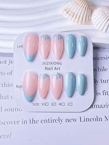 10片手工制作的浅蓝色杏仁形美甲贴纸，法式美甲风格，五瓣花图案。简约、优雅、可爱又时尚的人造指甲。 - 淺藍色 - 查看 3