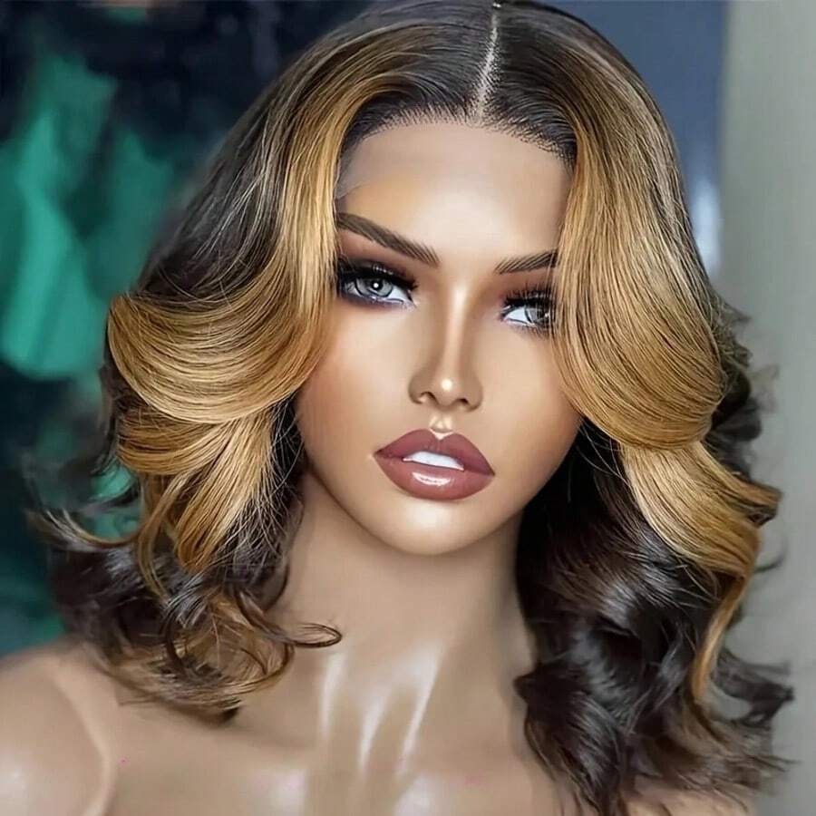 Uveous 4/27 Highlight Short Bob Body Wave Wigs Human Hair 13x4 Honey Blonde Lace Front Wig Human Hair Ombre Body Wave Short Human Hair Wig - S4/27 - 查看 1