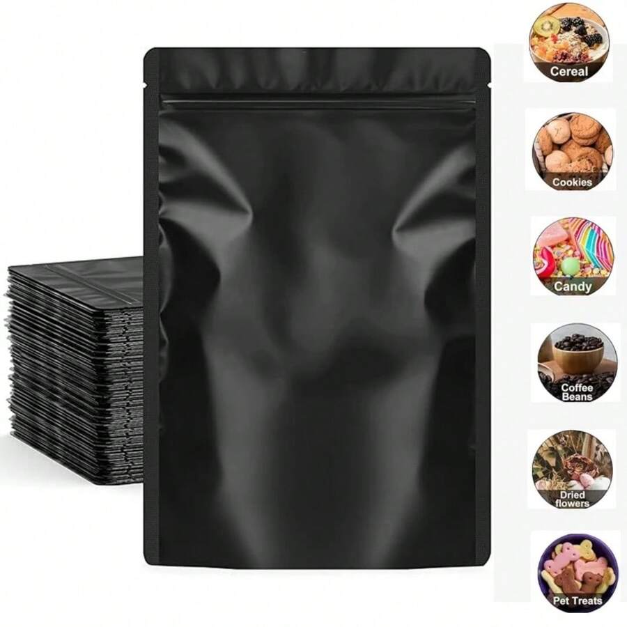 50个装可重复密封咖啡草药粉拉链包装袋，防异味扁平袋，哑光黑色小号铝箔拉链袋 - 黑色 - 查看 1