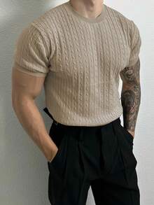 Men's Plain Minimalist Everyday Short Sleeve Knit Sweater - Khaki - View 3