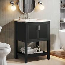 24" Bathroom Vanity With Ceramic Sink, Freestanding Solid Wooden Frame Vanity With Porcelain Basin, Industrial,2-Door Storage Cabinet & Open Shelf For Small Place Bathroom Accessories,Black - 黑色的 - 查看 9