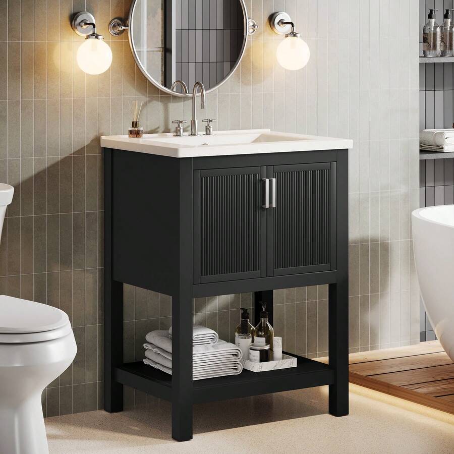LITTLE TREE 24" Bathroom Vanity With Ceramic Sink, Freestanding Solid Wooden Frame Vanity With Porcelain Basin, Industrial,2-Door Storage Cabinet & Open Shelf For Small Place Bathroom Accessories,Black - 黑色的 - 查看 1