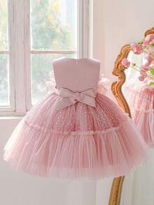 Young Girls Elegant Ruffle Mesh Floral Cake Dress, Suitable For School Dances, Birthday Parties - Pink - View 5