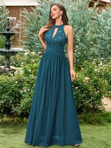 MIUSOL Đầm maxi dự tiệc trang trọng, đính sequin, ren hoa, phối chiffon, xếp ly, thích hợp cho khách dự đám cưới, lễ tốt nghiệp, tiệc chiêu đãi mùa hè. - Màu xanh bụi bặm - Xem 6