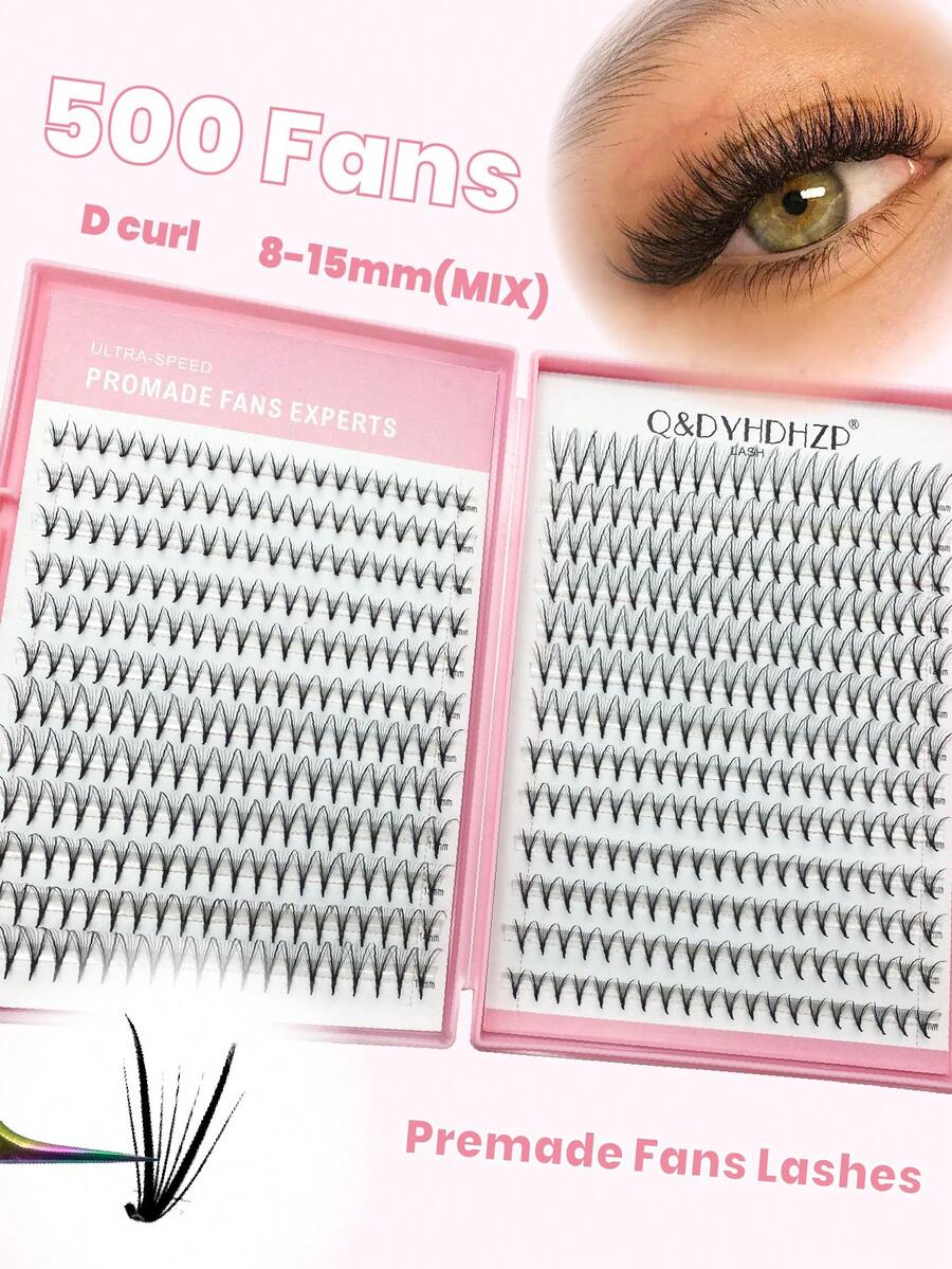 新款500簇预制V形睫毛嫁接，D卷度，8-15毫米混合长度单簇手工制作，根部渐薄，打造浓密效果。 - D - 查看 1