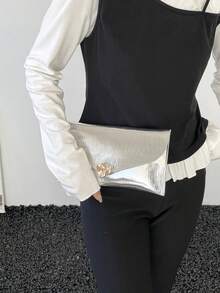 Bolso de mano de lujo tipo sobre de primavera 2026, minimalista y versátil con hebilla de metal, elegante bolso de fiesta de moda, bolso de mujer de gran capacidad y unicolor - Plateado - Ver 8